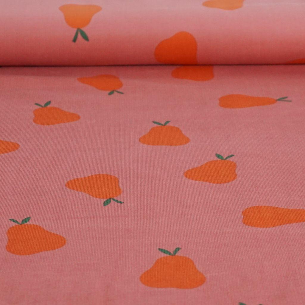 Babycord fein Birnen orange auf rosa